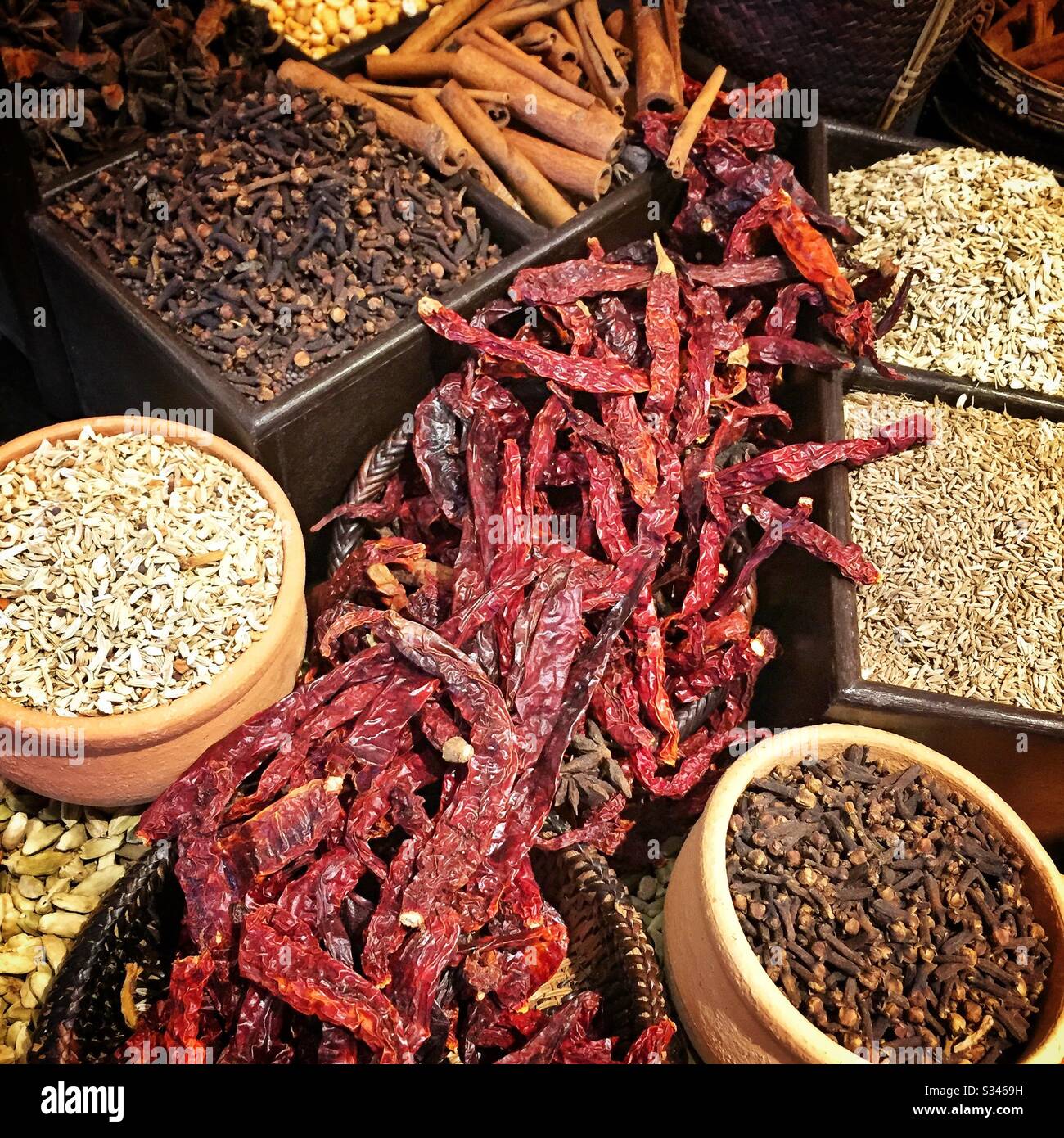 Display of dried chilies and spices, Sarkies Restaurant, Eastern & Oriental Hotel, George Town, Penang, Malaysia - Smartphone Captured Stock Image
