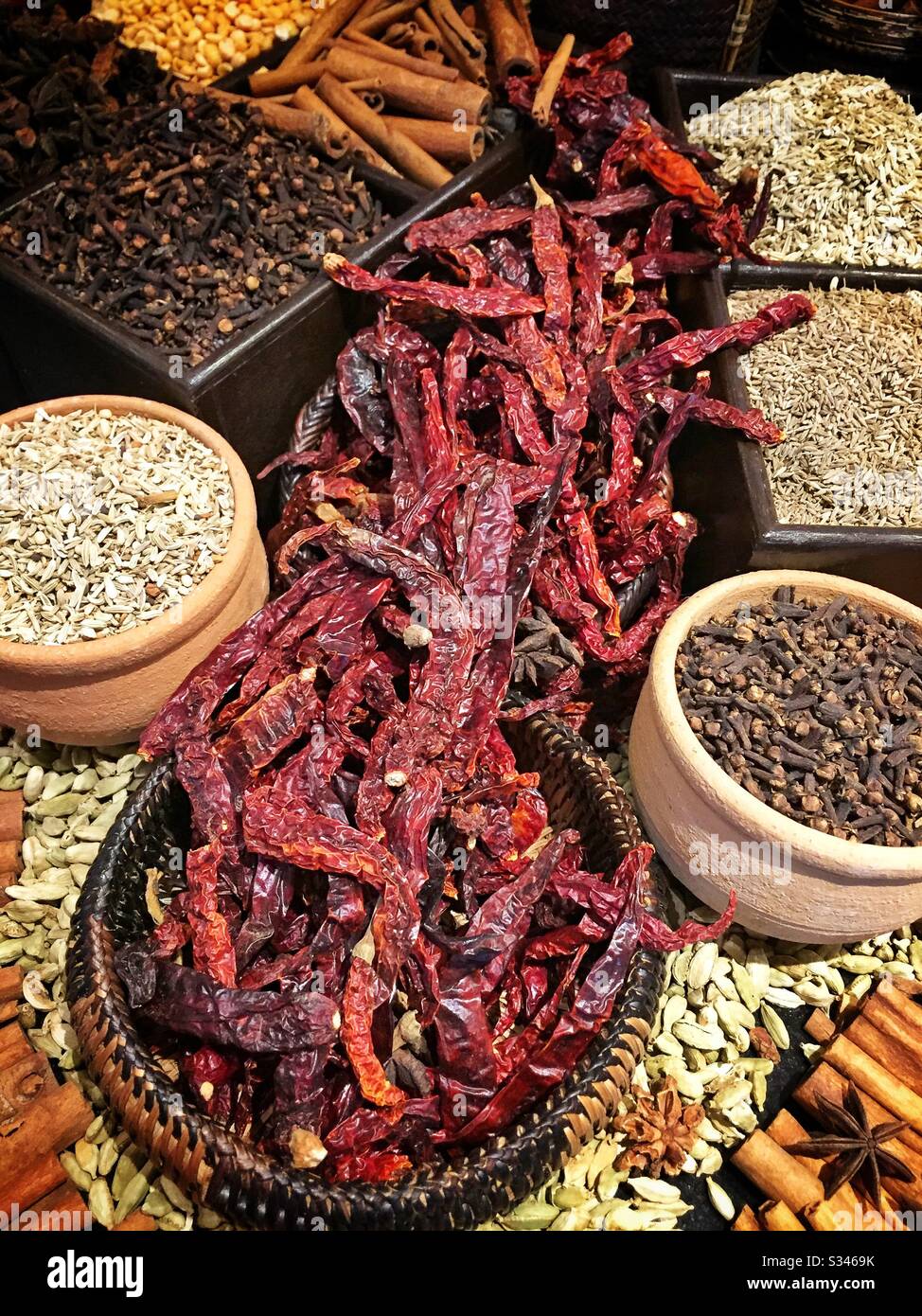 Display of dried chilies and spices, Sarkies Restaurant, Eastern & Oriental Hotel, George Town, Penang, Malaysia - Smartphone Captured Stock Image