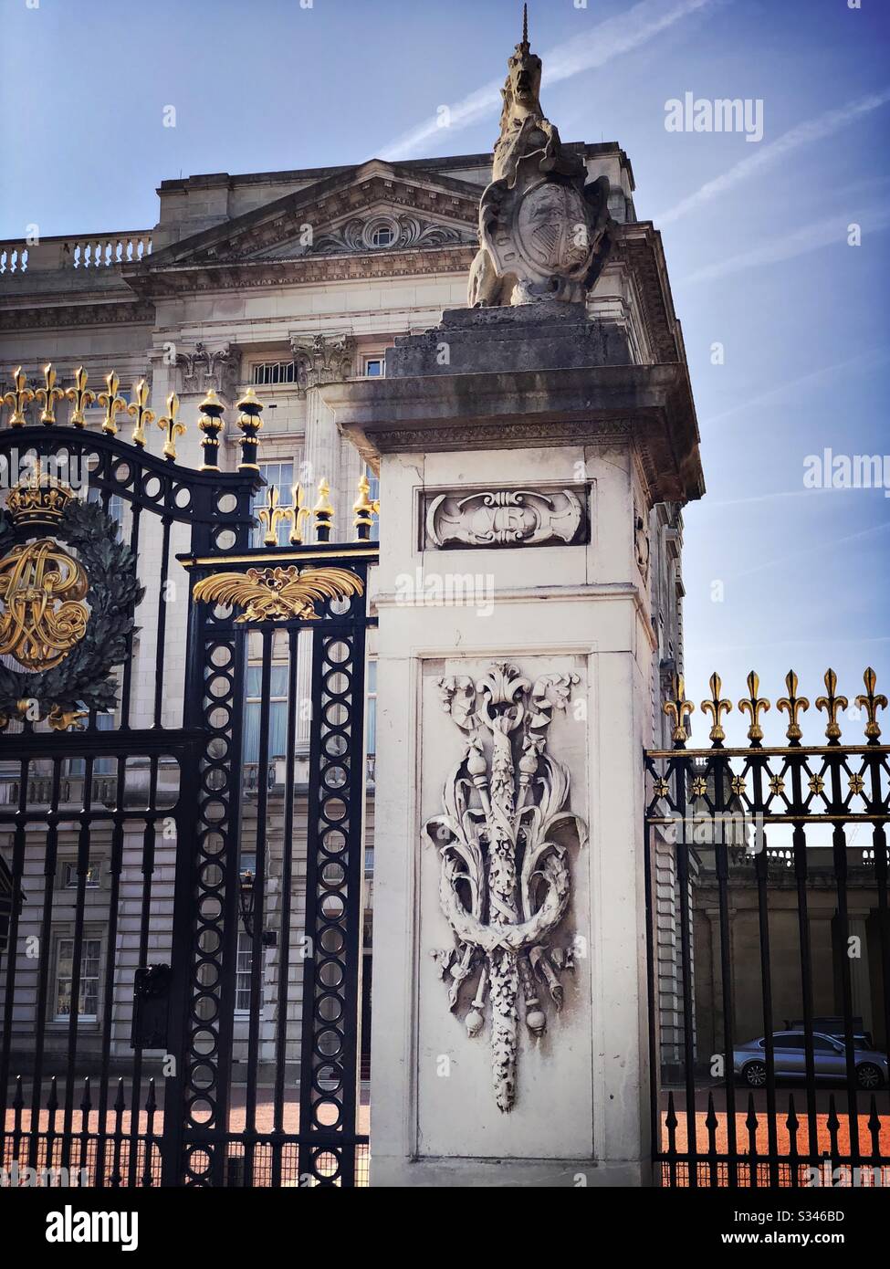 A close up view on the architectural details of one of the pillars at the gates to Buckingham Palace, London - Smartphone Captured Stock Image