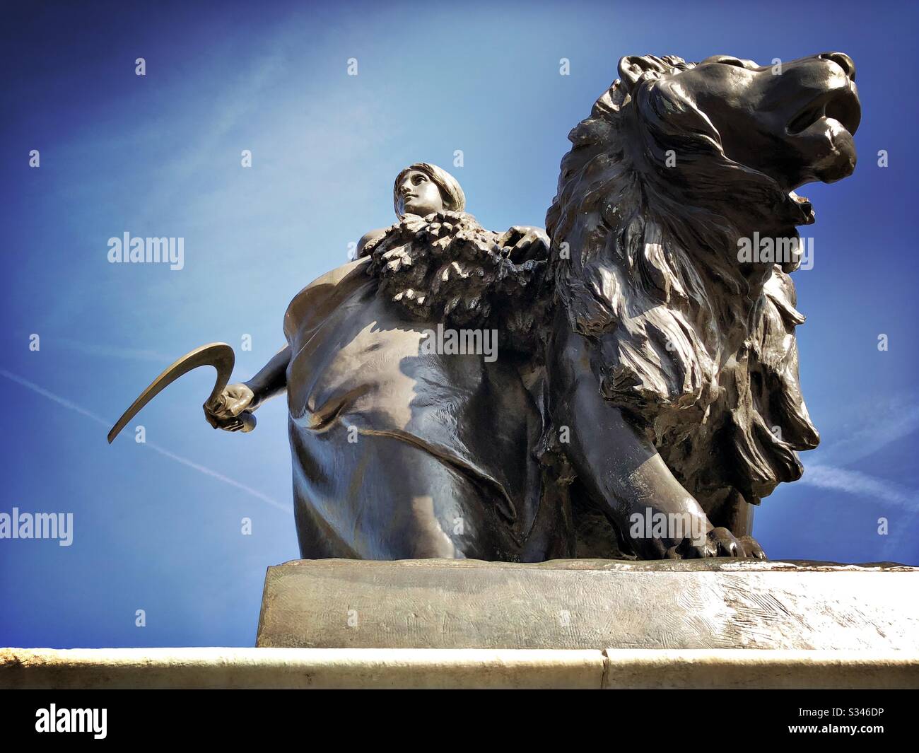 A low angle shot of the bronze Agriculture statue at the Victoria Memorial, The Mall, London - Smartphone Captured Stock Image