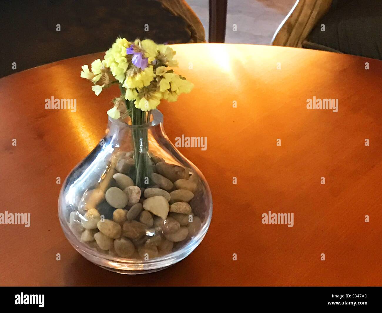 Vase with yellow flowers on wooden table. - Smartphone Captured Stock Image