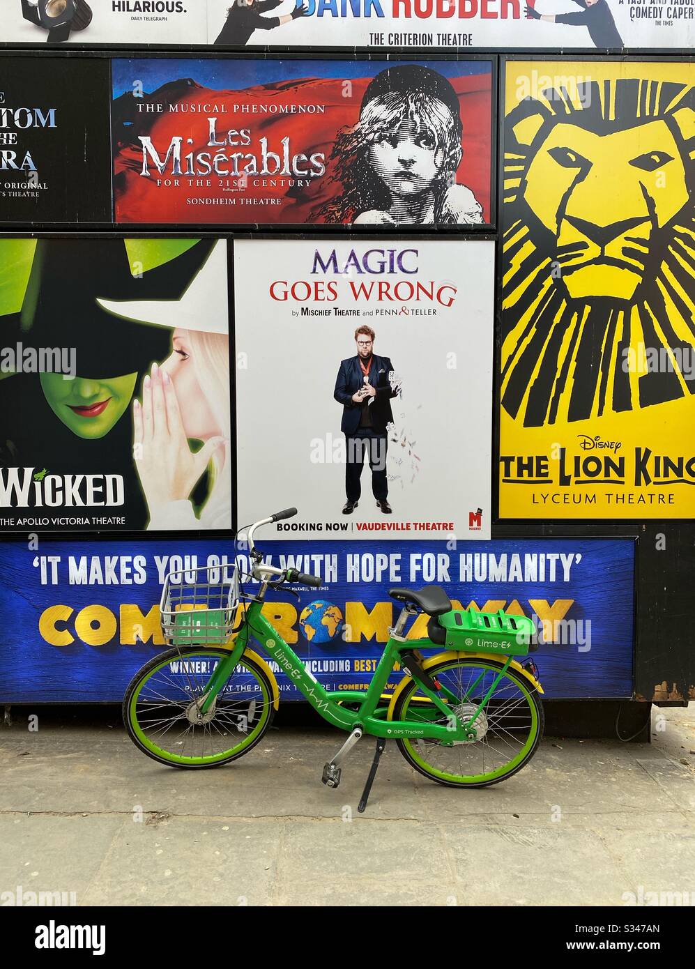 Posters for theatrical productions are pictured in London’s west end. Theatrical productions have halted due to the COVID-19 outbreak on March 17 2020 - Smartphone Captured Stock Image