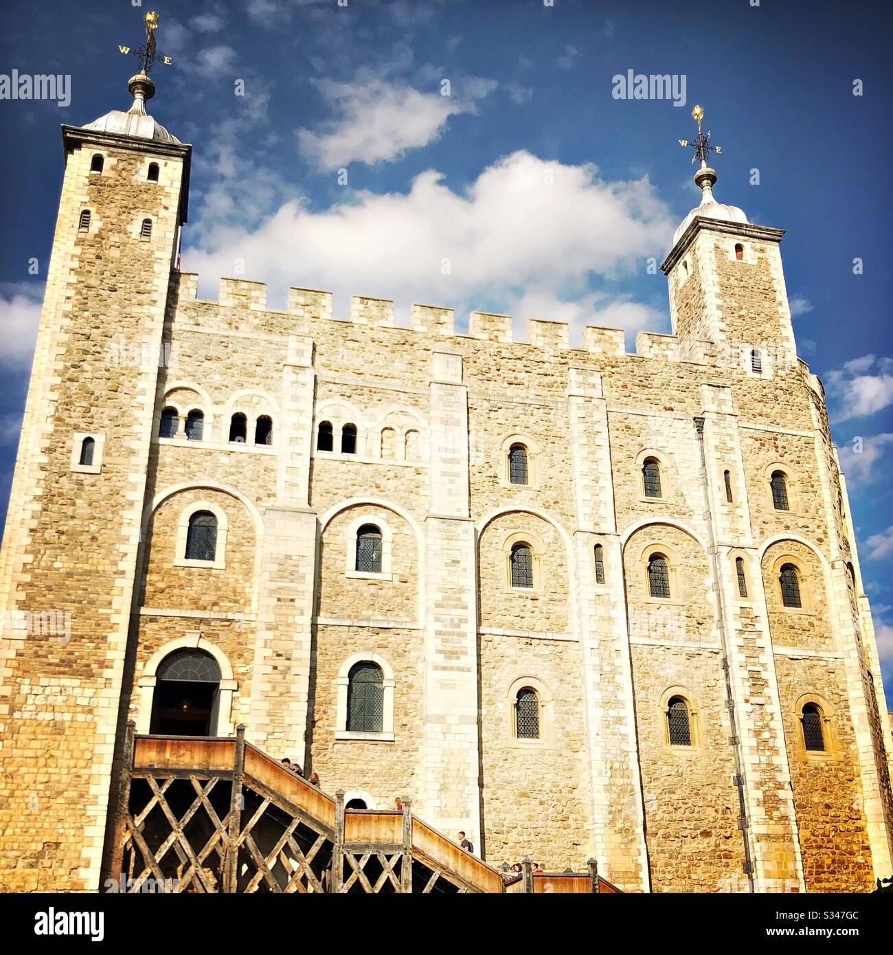 Main facade of the White Tower keep with the Tower of London. Royal castle and fortress complex within Tower Hamlets. UNESCO Word Heritage Site. - Smartphone Captured Stock Image
