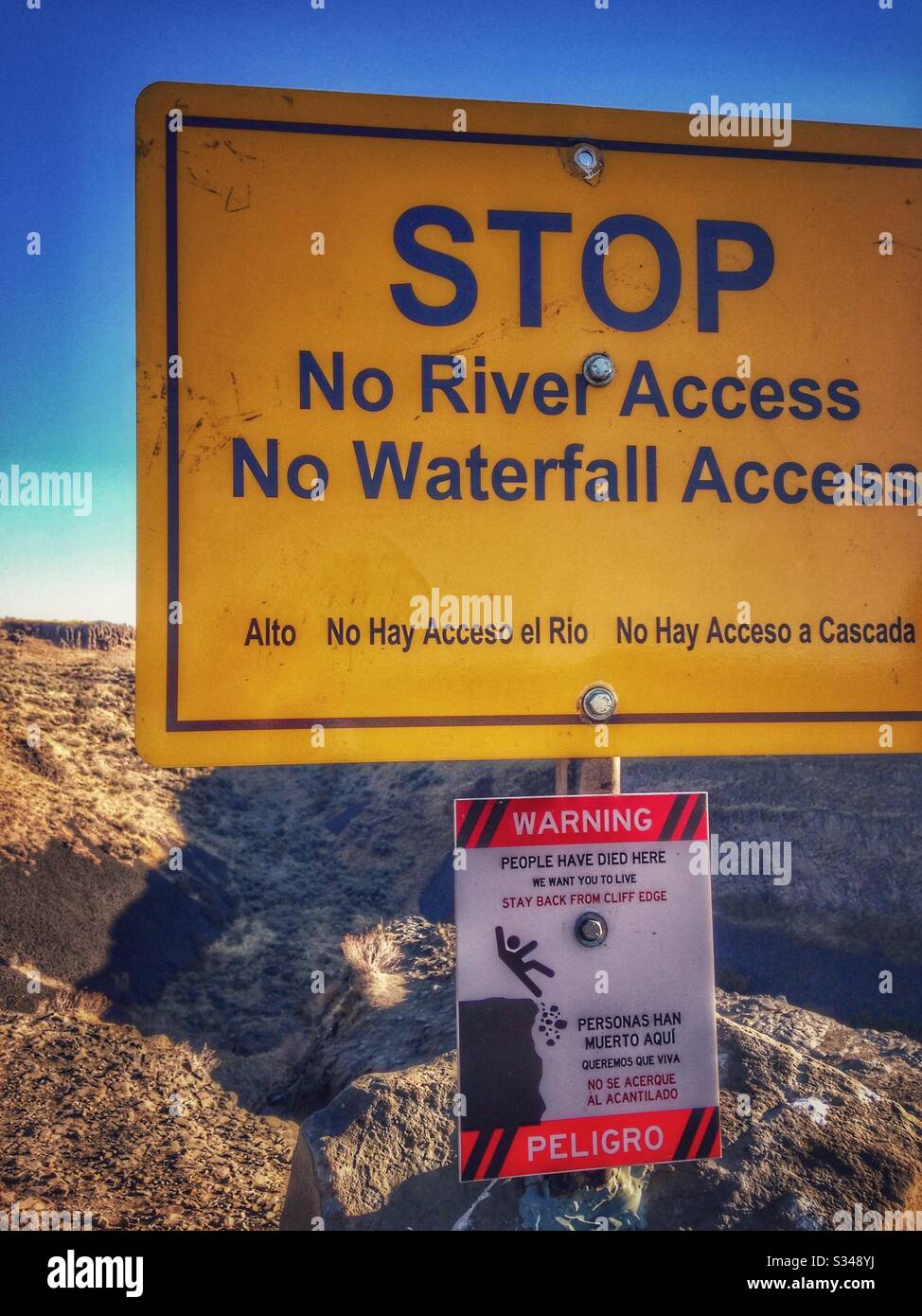 Palouse Falls, Washington, with warning sign Stock Photo
