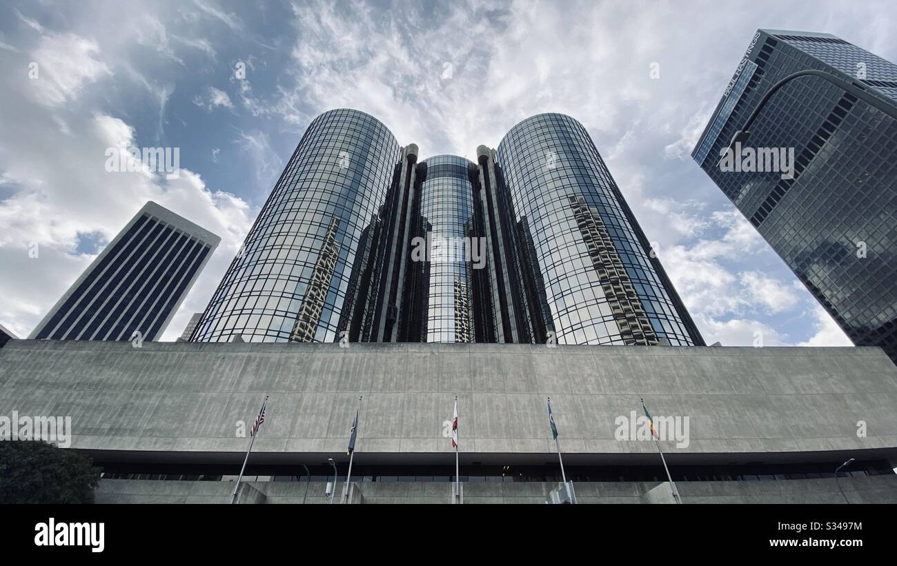 LOS ANGELES, CA, MAR 2020: looking up at glass towers over concrete lower floors of the Westin Bonaventure in Downtown - Smartphone Captured Stock Image
