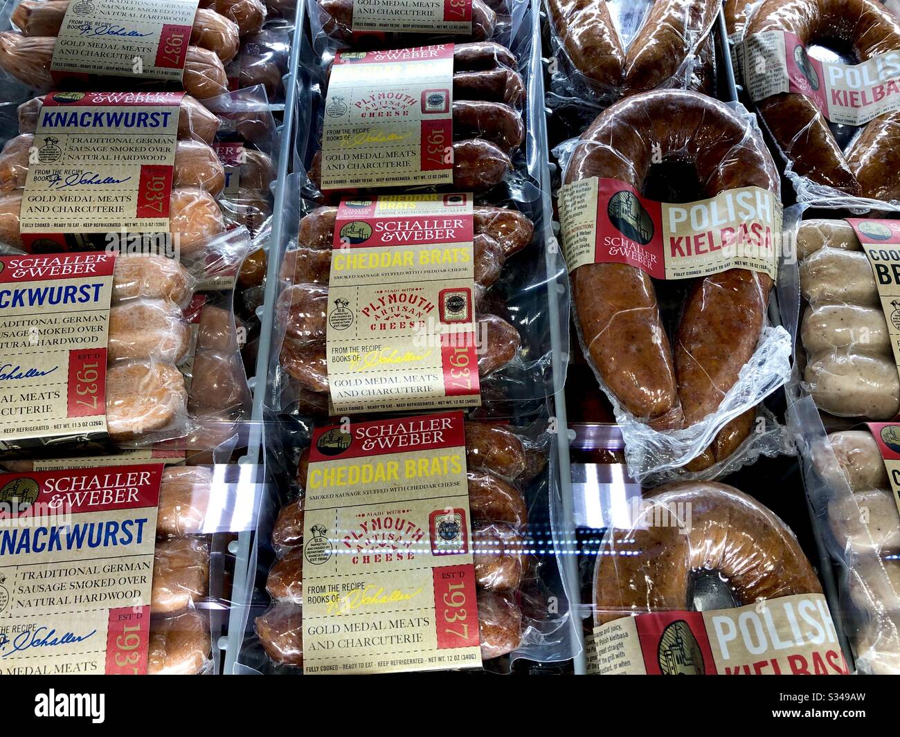 A variety of sausage meats at an organic market called The Wild Fork. Stock Photo