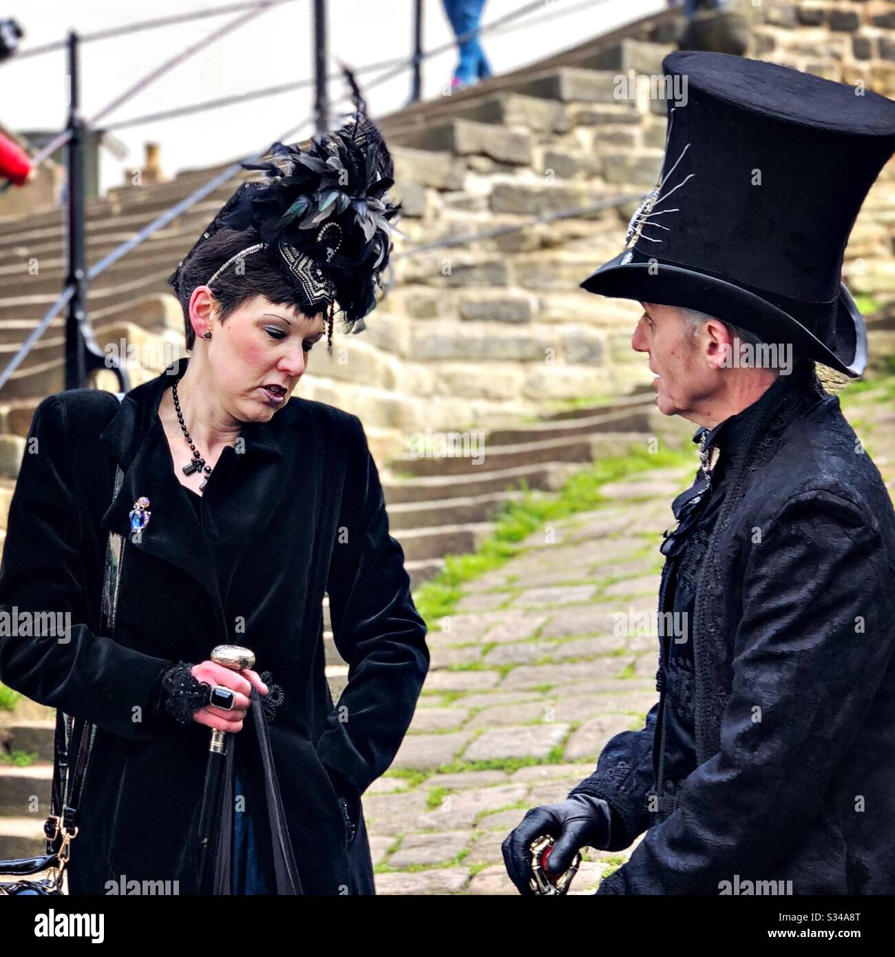 People in creative costumes during a cosplay event. Whitby Goth Weekend. - Smartphone Captured Stock Image