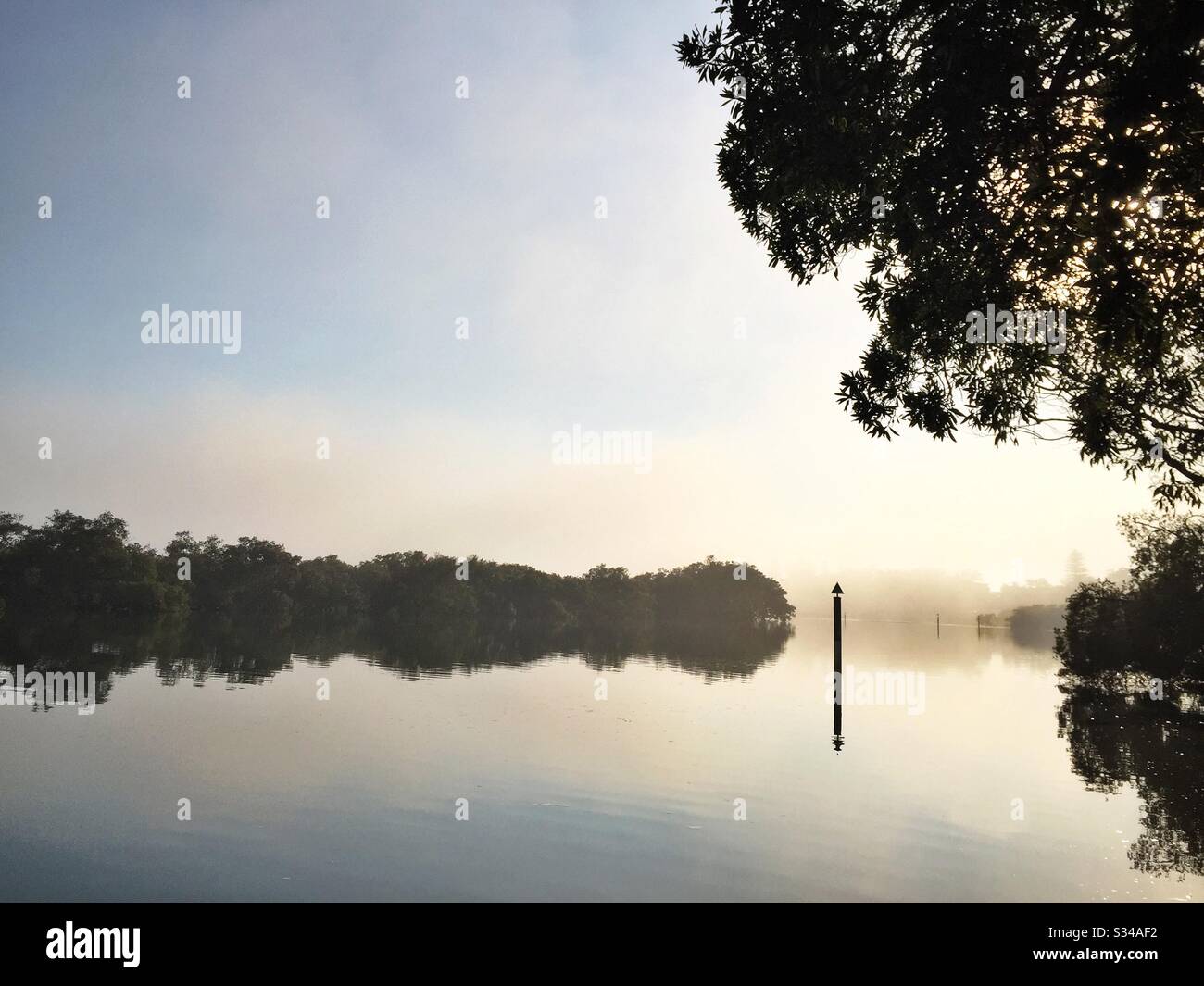 Morning mist on South West Rocks Creek, or Back Creek, South West Rocks, NSW, Australia - Smartphone Captured Stock Image