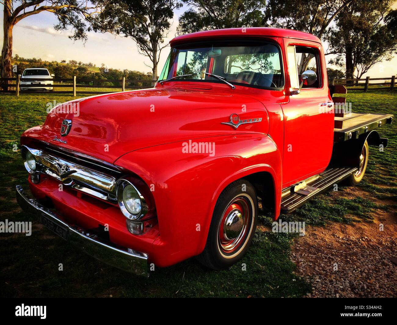 Three-quarter front view of a restored 1956 second generation V8 Ford F-100 pickup truck with Ford-O-Matic transmission Stock Photo