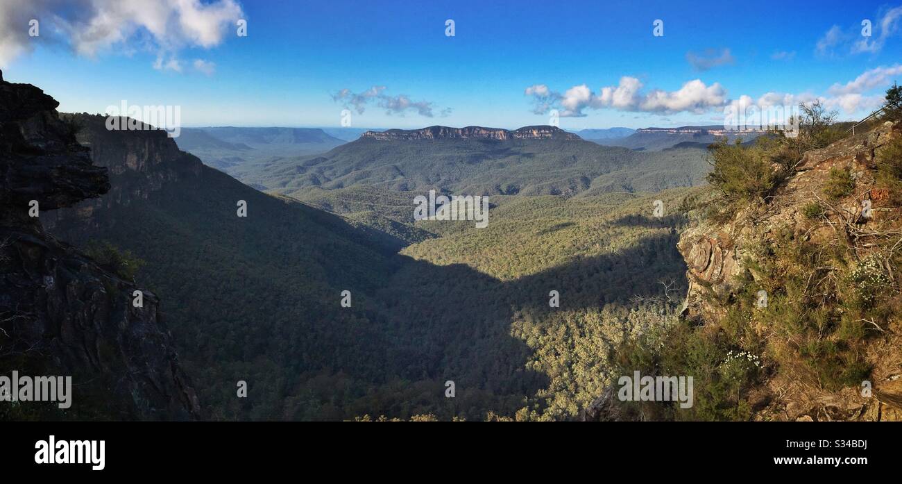 Mount Solitary and the Jamison Valley from the Prince Henry Clifftop Walk, Leura, Blue Mountains, NSW, Australia - Smartphone Captured Stock Image