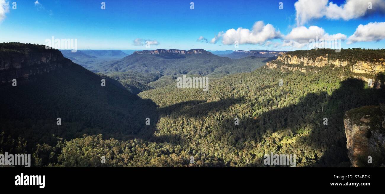 Mount Solitary and the Jamison Valley from the Prince Henry Clifftop Walk, Leura, Blue Mountains, NSW, Australia - Smartphone Captured Stock Image
