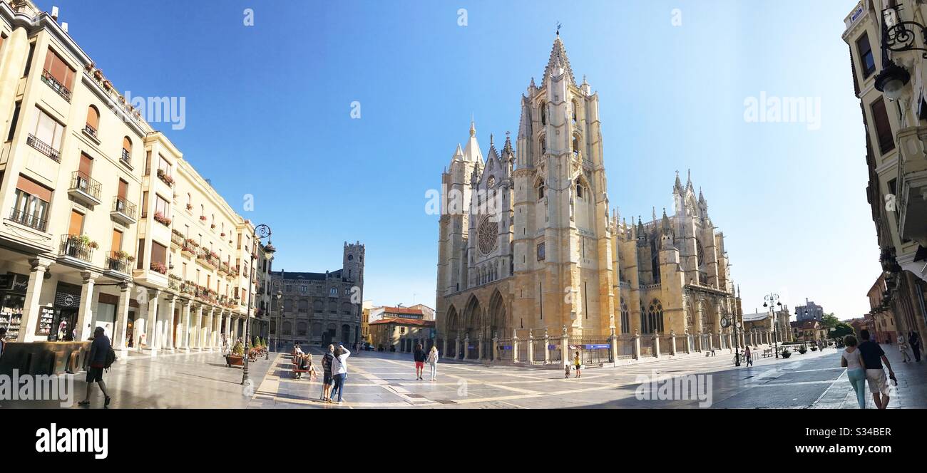 Gothic cathedral, panoramic view. Leon, Spain. Stock Photo