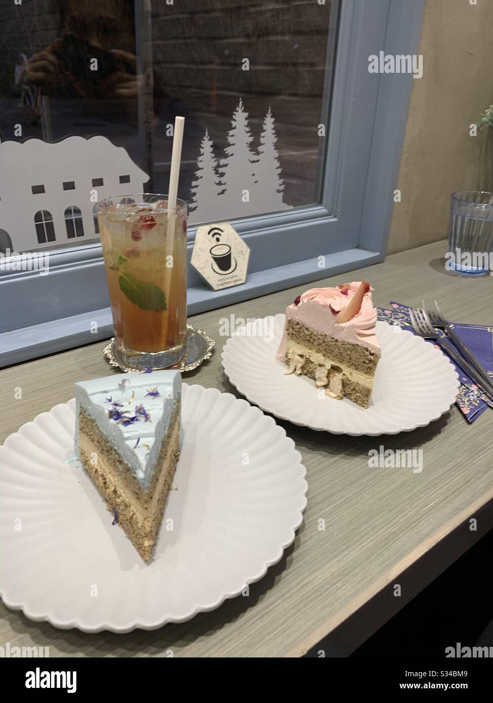 Cake, blue cake , strawberry cake, rose, pink, iced tea Stock Photo