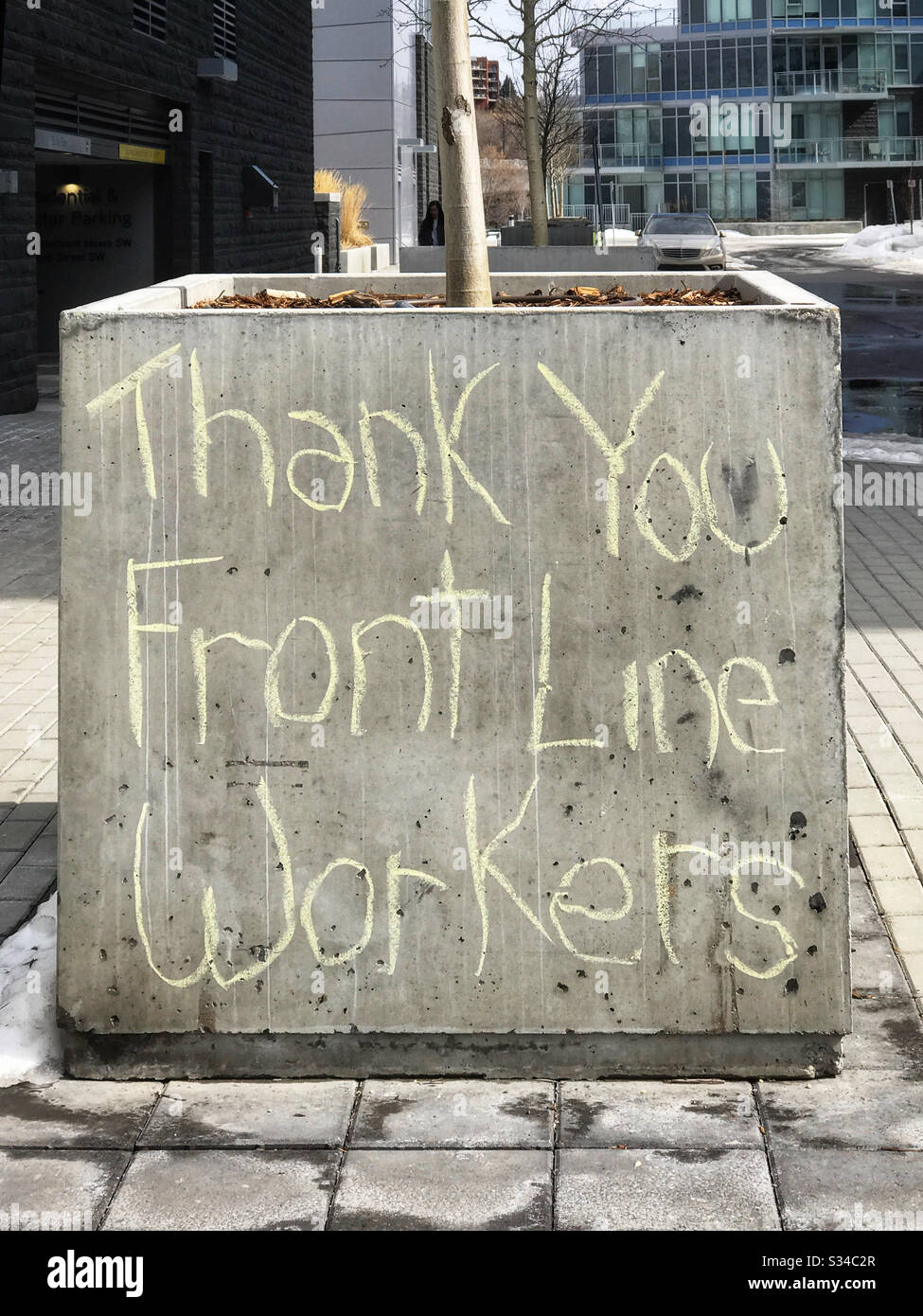 Message of thanks during the Covid-19 pandemic. Calgary, Alberta, Canada. - Smartphone Captured Stock Image