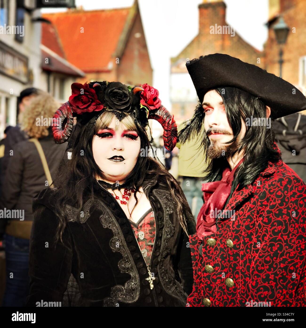 People in creative costumes during a cosplay event. Whitby Goth Weekend. - Smartphone Captured Stock Image