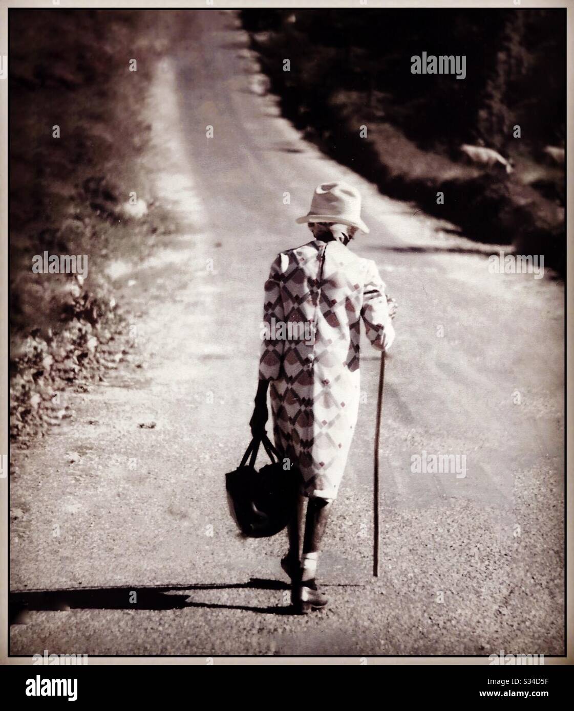 An elderly woman walking in rural  Jamaica. - Smartphone Captured Stock Image
