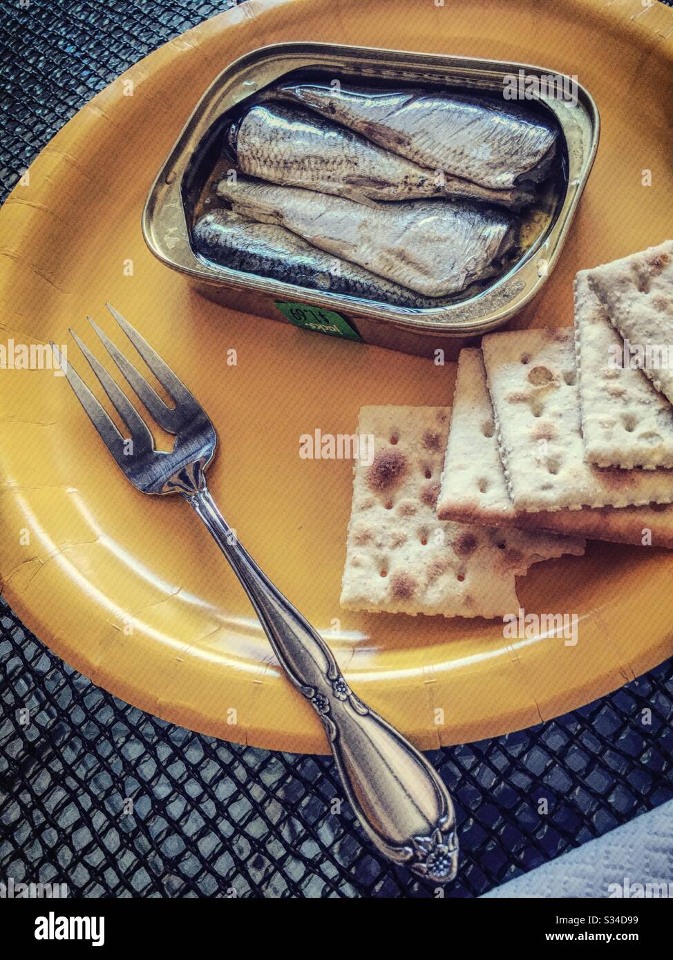 A festive casual lunch of a tin of sardines with saltine crackers on a brightly colored yellow paper plate. - Smartphone Captured Stock Image
