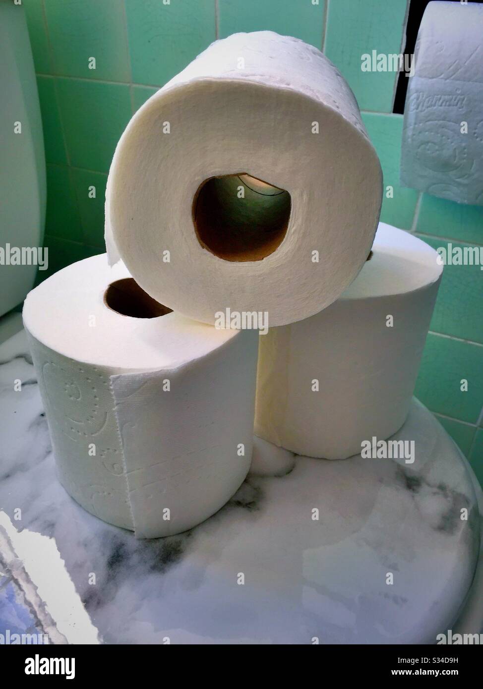 Toilet paper Rolls stacked on a toilet seat lid in a green tiled residential bathroom in the United States - Smartphone Captured Stock Image