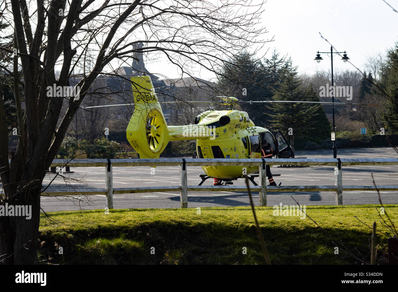 SHIPLEY, WY - 25/3/2020 - a Yorkshire Air Ambulance parked in a car park by the Airedale canal amid the Coronavirus (COVID-19) pandemic Stock Photo