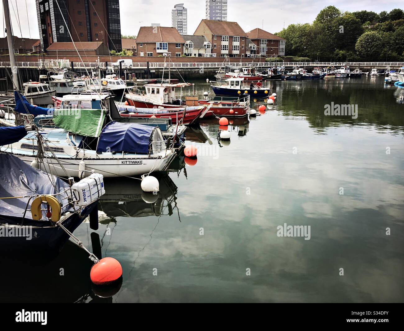 Fishing boats moored at a small marina. Roker Marina, Sunderland, North