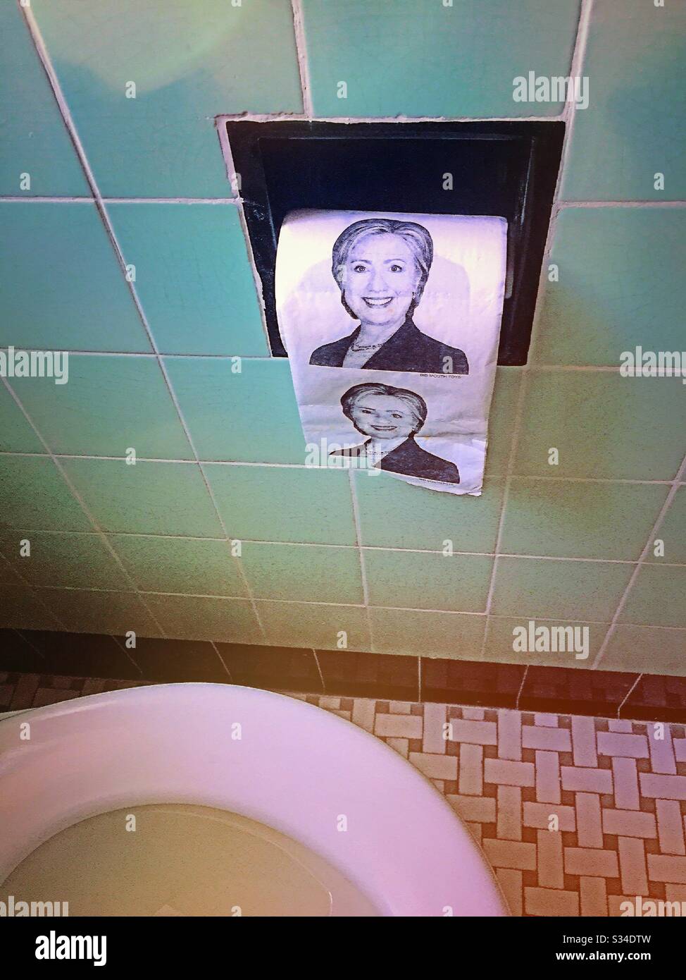 Toilet paper imprinted with Hillary Clinton‘s face as a satirical political commentary, USA - Smartphone Captured Stock Image