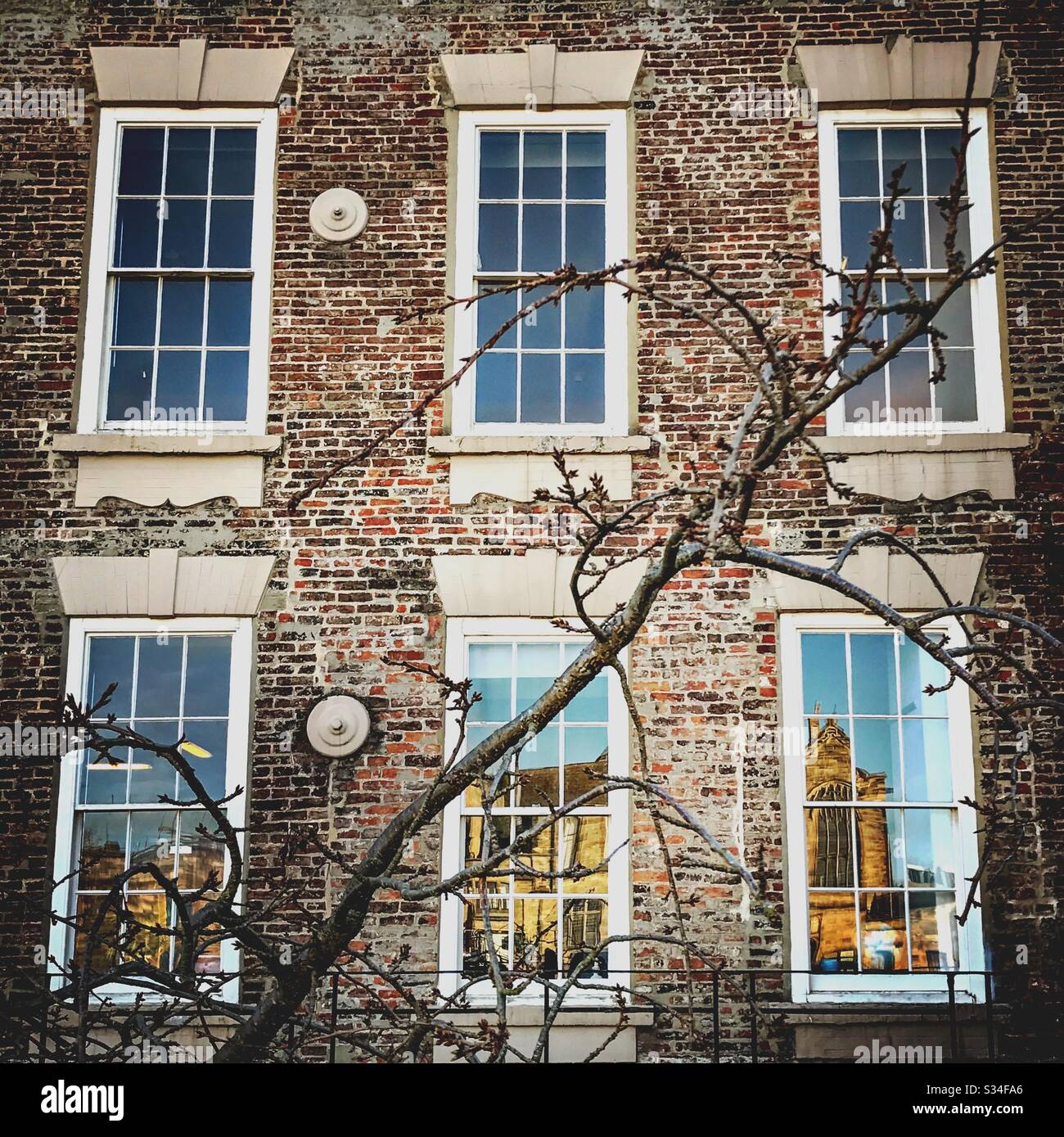 Architecture of Durham City, North East England. Georgian sash windows in rustic brick facade hidden behind leafless trees Palace Green student buildings - Smartphone Captured Stock Image