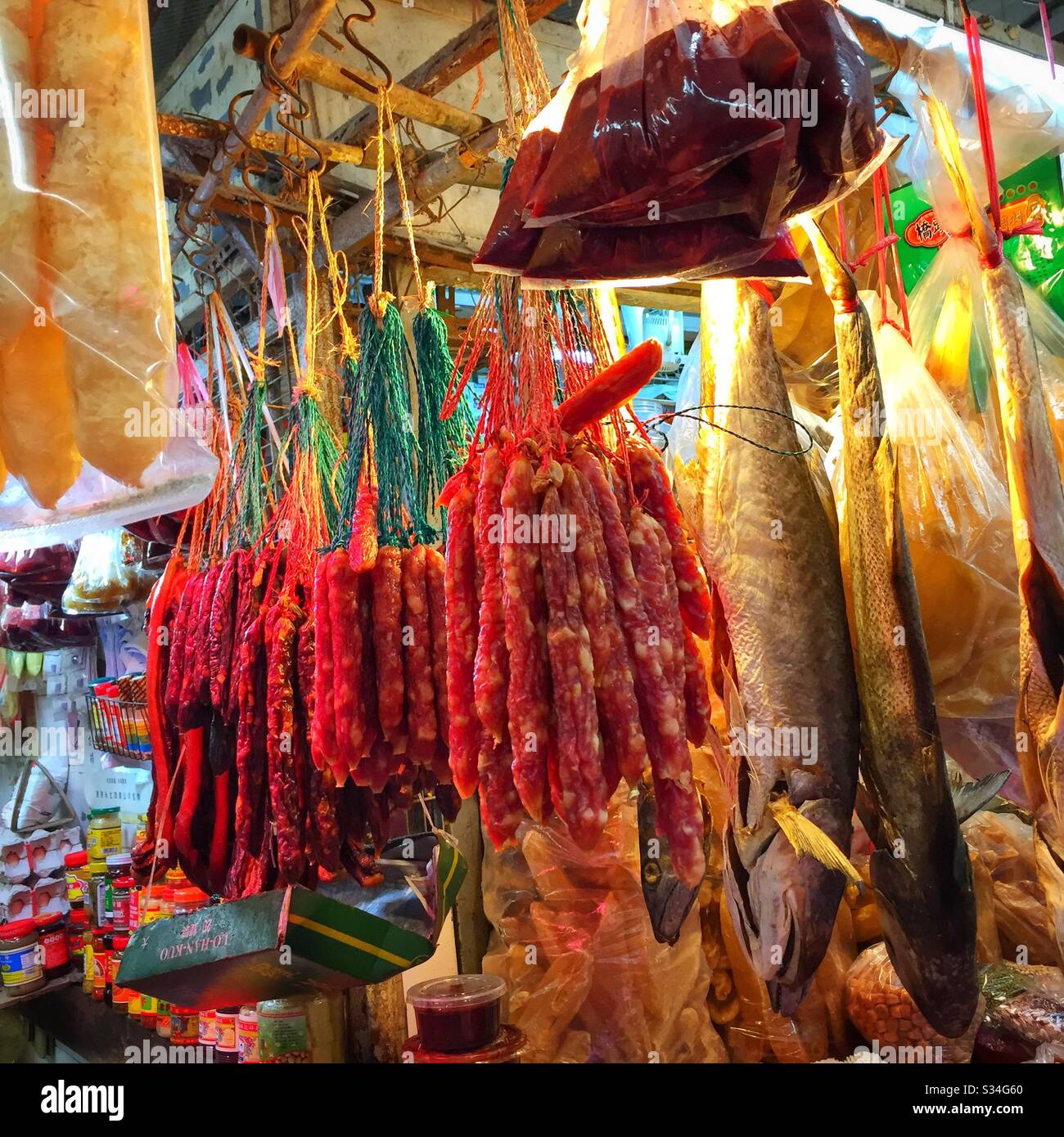 Chinese sausage, dried fish and seafood and more, for sale in a food market in Yuen Long, New