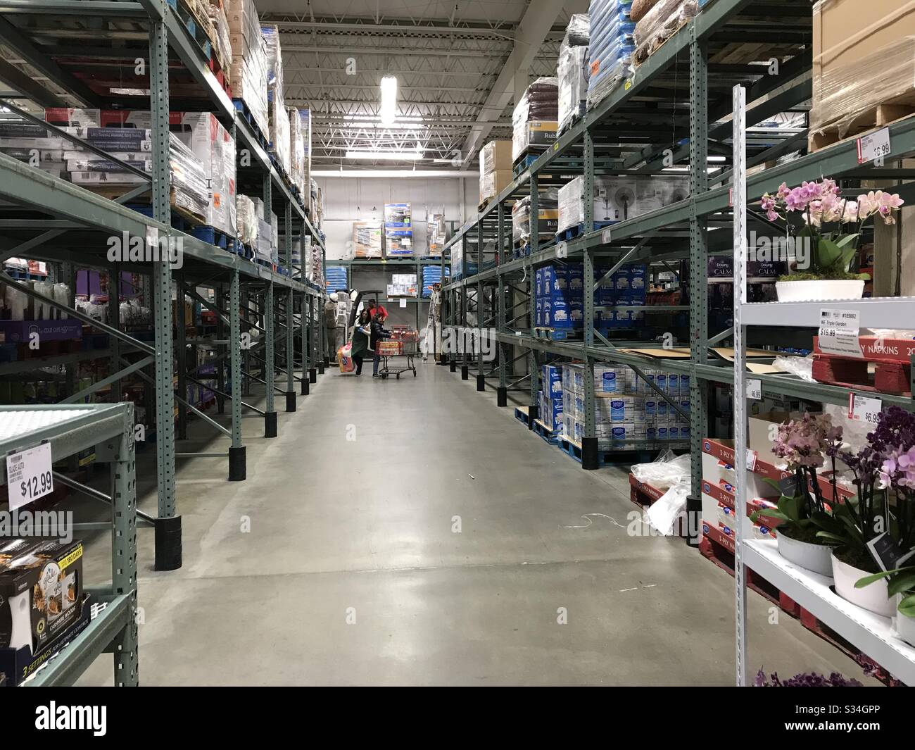 People stocking up in an almost empty paper towels and tissue aisle in club supermarket mid of March 2020 in New Jersey USA - Smartphone Captured Stock Image