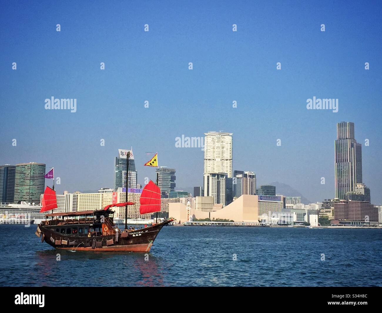 The 'Aqua Luna', a replica traditional Chinese junk used for tourist sightseeing on Victoria Harbour, Hong Kong - Smartphone Captured Stock Image