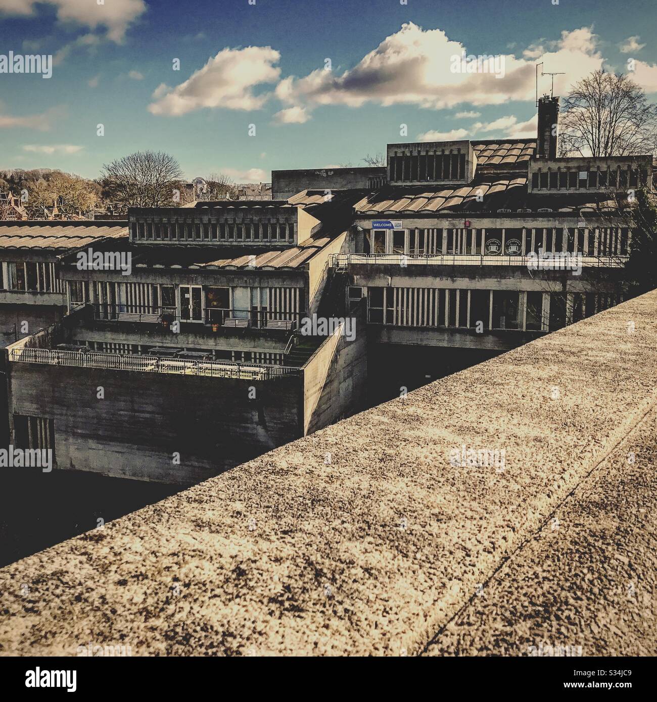 Architecture of Durham City, North East England. Brutalist architectural details of Dunelm House, Durham Students Union. Designed by Ove Arup - Smartphone Captured Stock Image