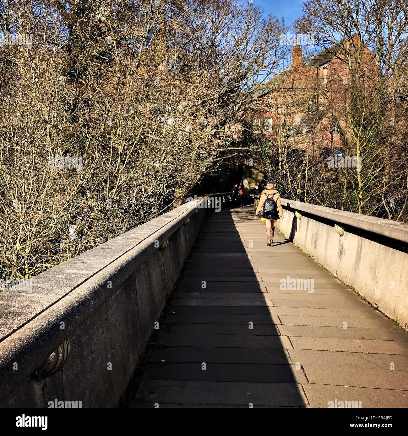 Architecture of Durham City, North East England. Brutalist architectural details of Kingsgate Bridge, Concrete footbridge over River Wear. Designed by Ove Arup - Smartphone Captured Stock Image