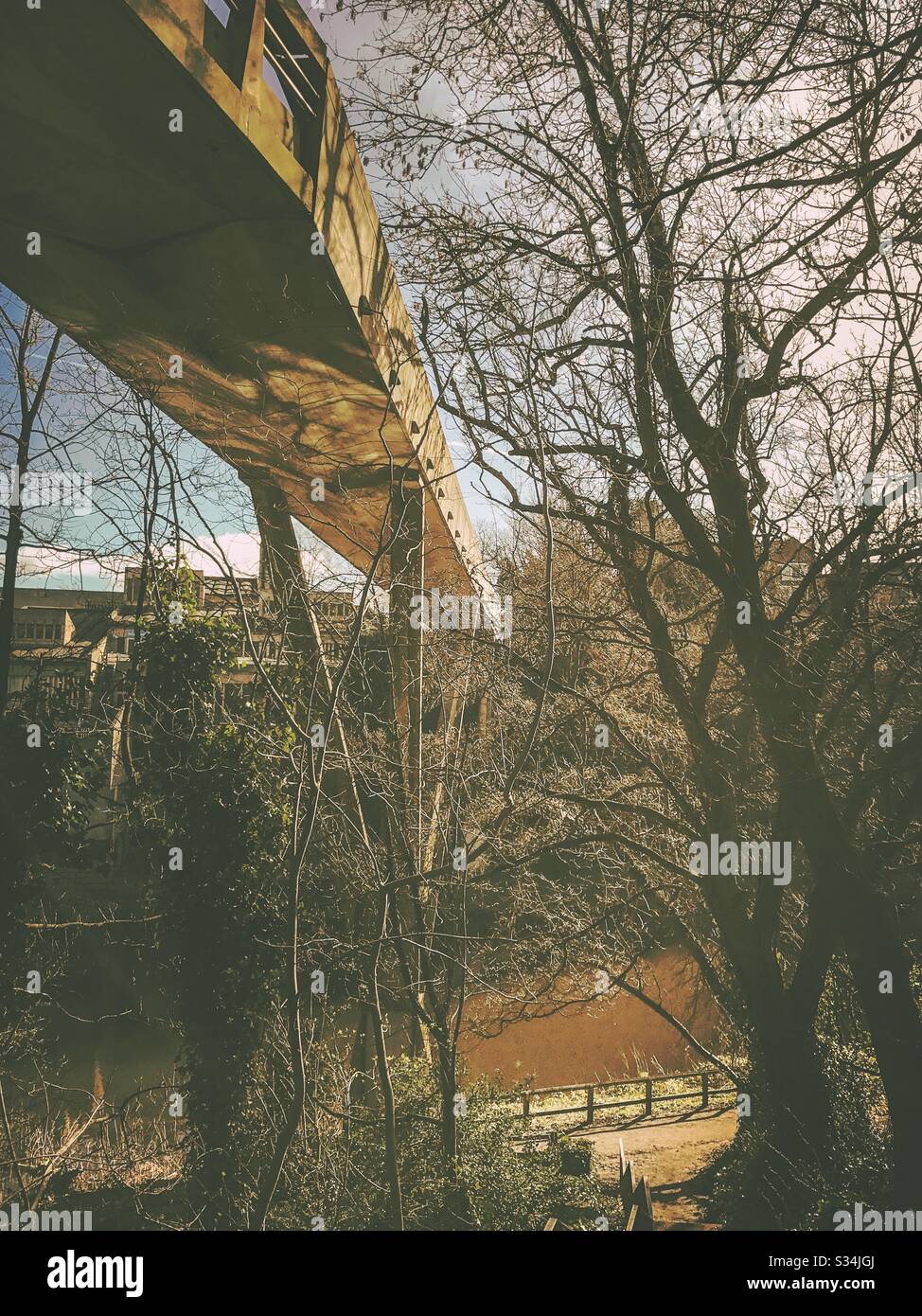 Architecture of Durham City, North East England. Brutalist architectural details of Kingsgate Bridge, Concrete footbridge over River Wear. Designed by Ove Arup - Smartphone Captured Stock Image