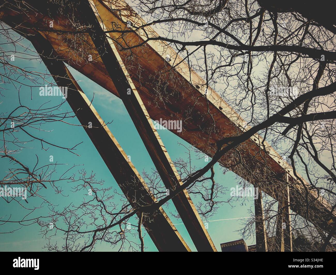 Architecture of Durham City, North East England. Brutalist architectural details of Kingsgate Bridge, Concrete footbridge over River Wear. Designed by Ove Arup - Smartphone Captured Stock Image