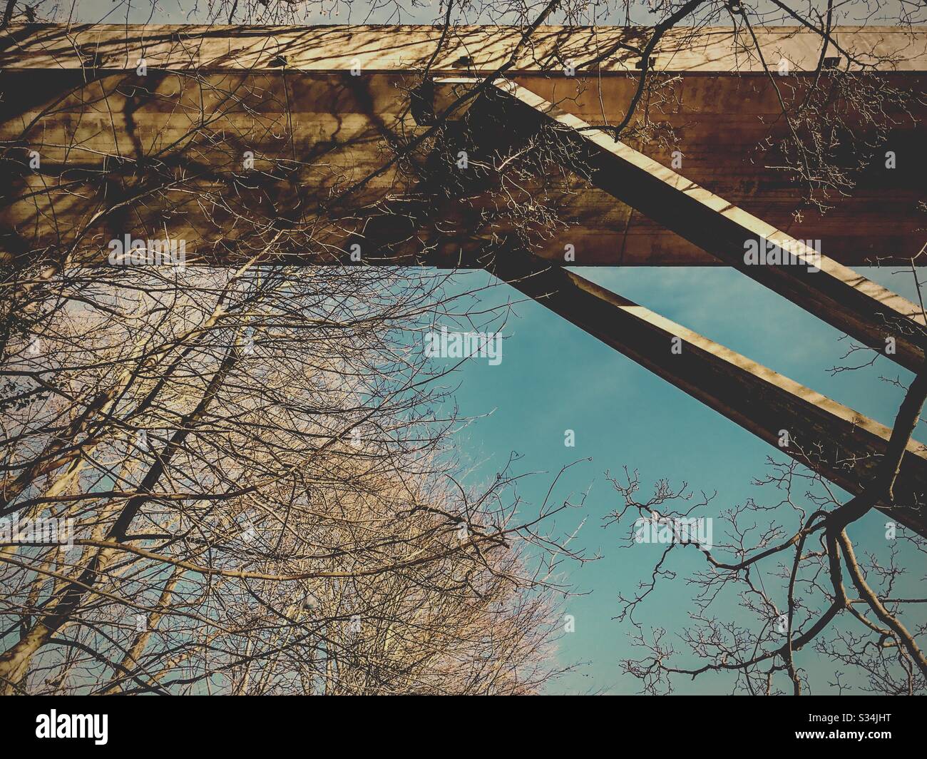 Architecture of Durham City, North East England. Brutalist architectural details of Kingsgate Bridge, Concrete footbridge over River Wear. Designed by Ove Arup - Smartphone Captured Stock Image
