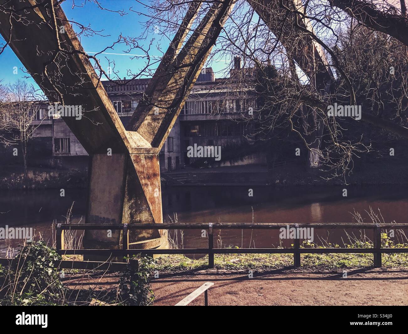 Architecture of Durham City, North East England. Brutalist architectural details of Kingsgate Bridge, Concrete footbridge over River Wear. Designed by Ove Arup - Smartphone Captured Stock Image