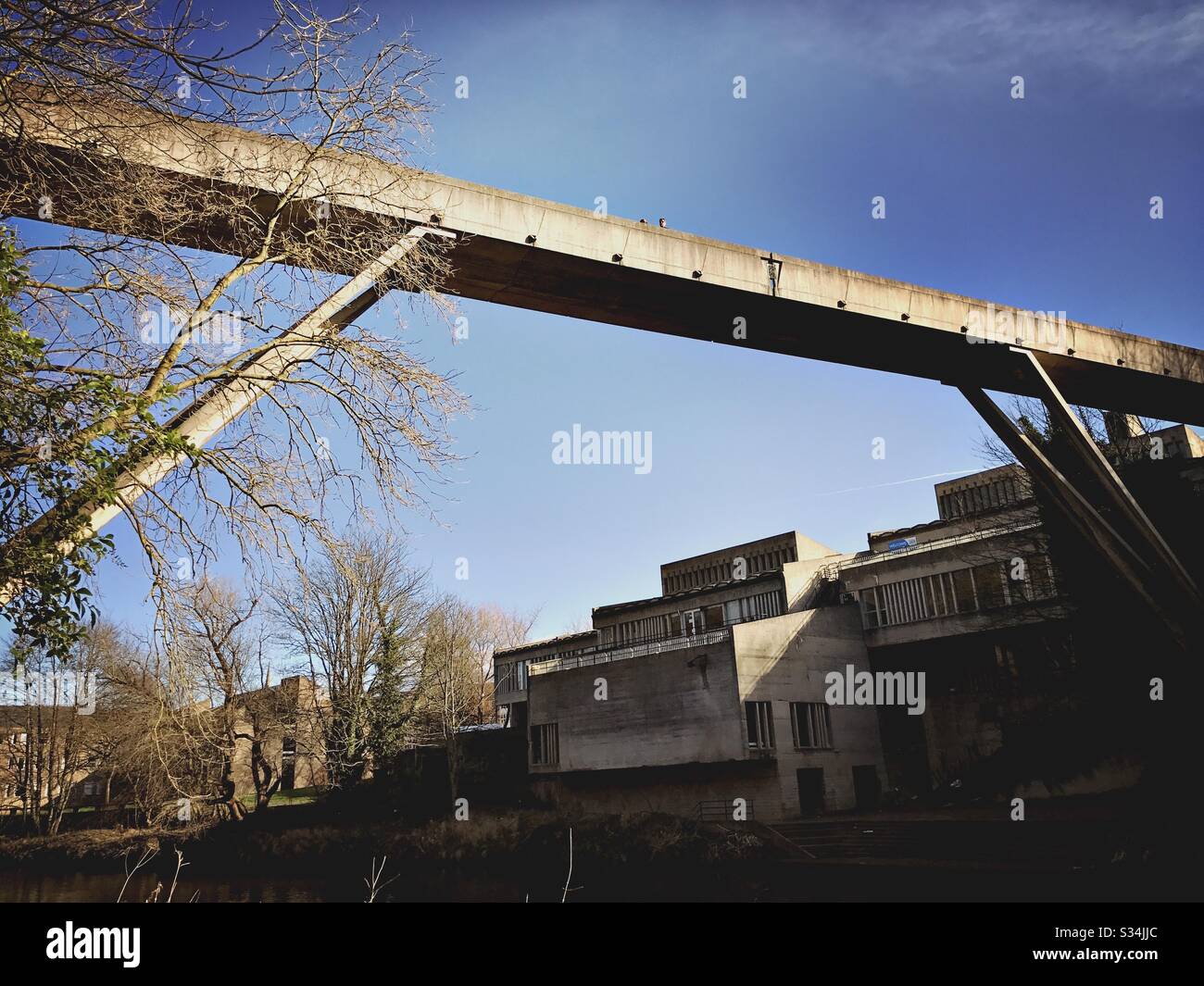 Architecture of Durham City, North East England. Brutalist architectural details of Kingsgate Bridge, Concrete footbridge over River Wear. Designed by Ove Arup - Smartphone Captured Stock Image