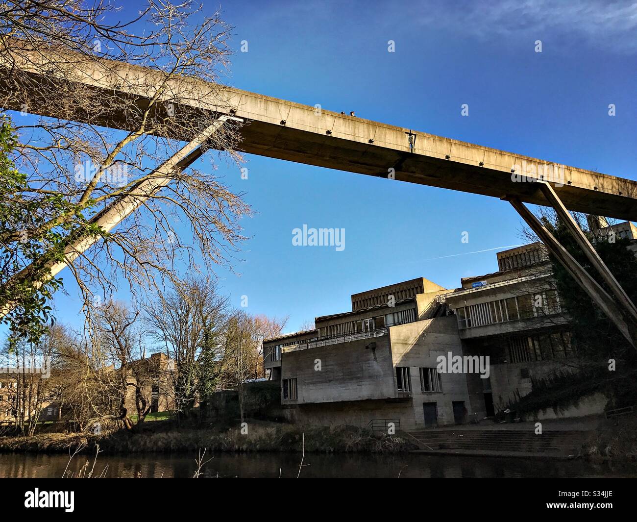 Architecture of Durham City, North East England. Brutalist architectural details of Kingsgate Bridge, Concrete footbridge over River Wear. Designed by Ove Arup - Smartphone Captured Stock Image