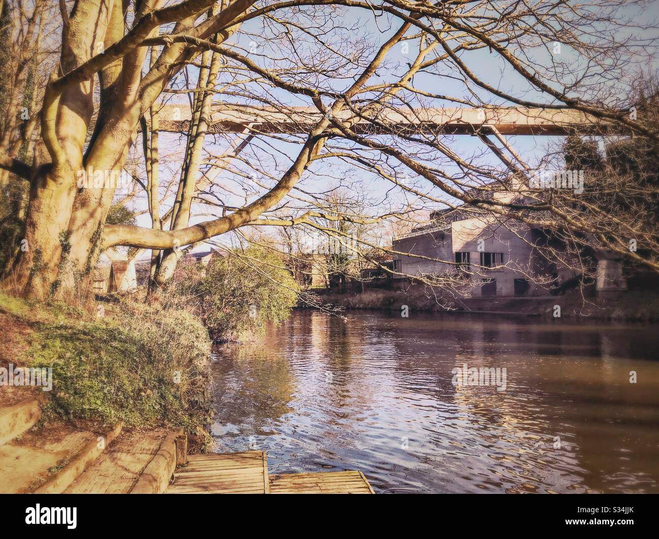 Architecture of Durham City, North East England. Brutalist architectural details of Kingsgate Bridge, Concrete footbridge over River Wear. Designed by Ove Arup - Smartphone Captured Stock Image