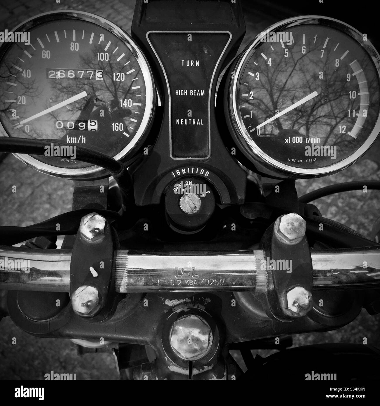 Speedometer and tachometer on the steering wheel of an old motorcycle. Stock Photo