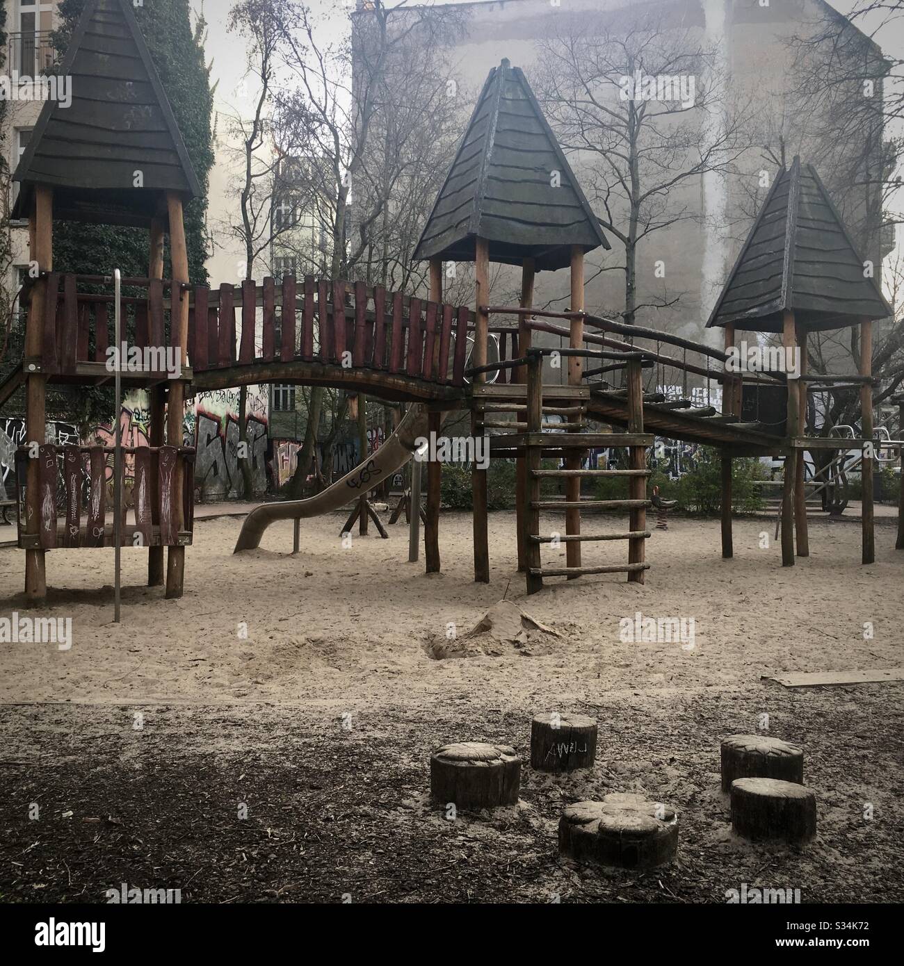 An empty children‘s playground during the corona crisis in Berlin. Stock Photo