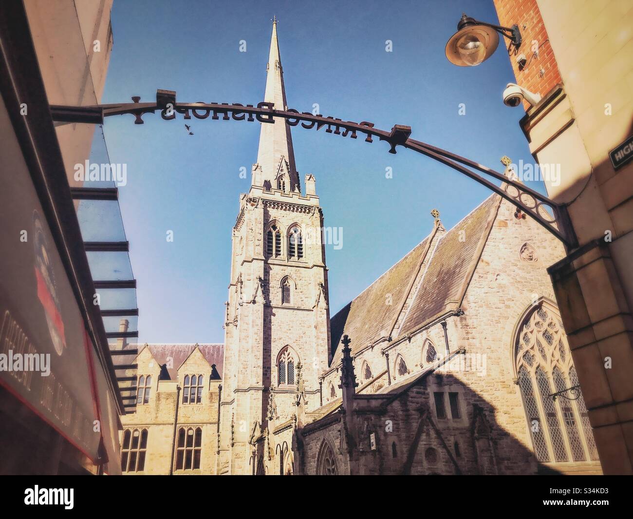 Architecture of Durham City, North East England. Spire of St Nicholas Church, commonly known as St Nic's, is a Church of England place of worship located on Durham marketplace. - Smartphone Captured Stock Image