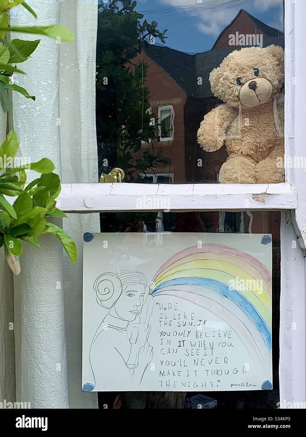 A Teddy and Rainbow in a Window during Covid-19 Pandemic, Oxford, UK, March 2020 - Smartphone Captured Stock Image