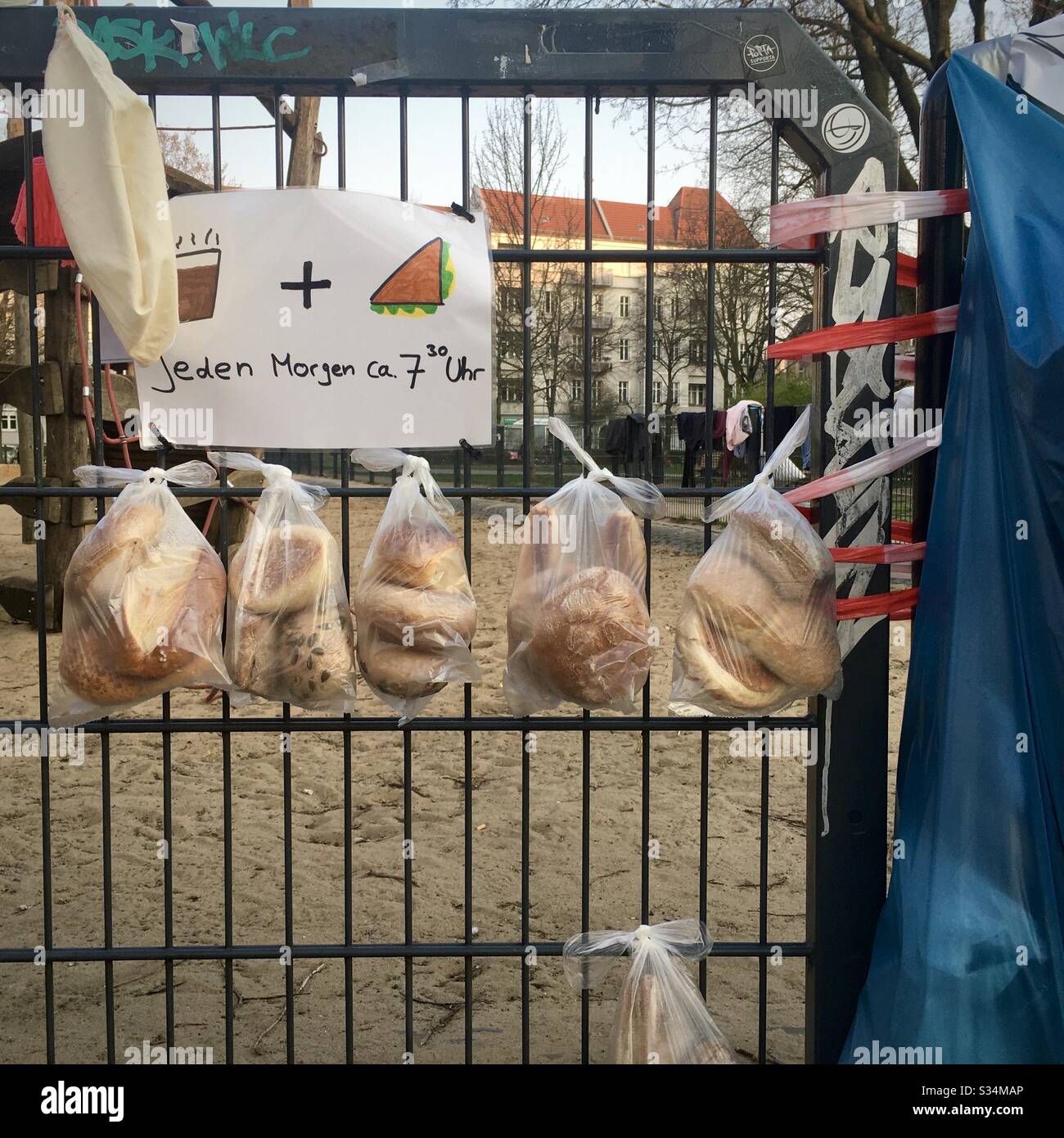 Local aid to the homeless and the poor during the corona crisis in Berlin Friedrichshain. Stock Photo