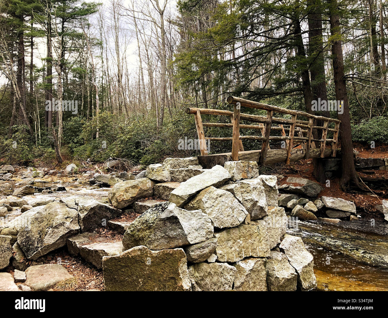 Handmade wooden log bridge allows walkers to safely cross turbulent waters. Bridge access via granite stair steps. - Smartphone Captured Stock Image