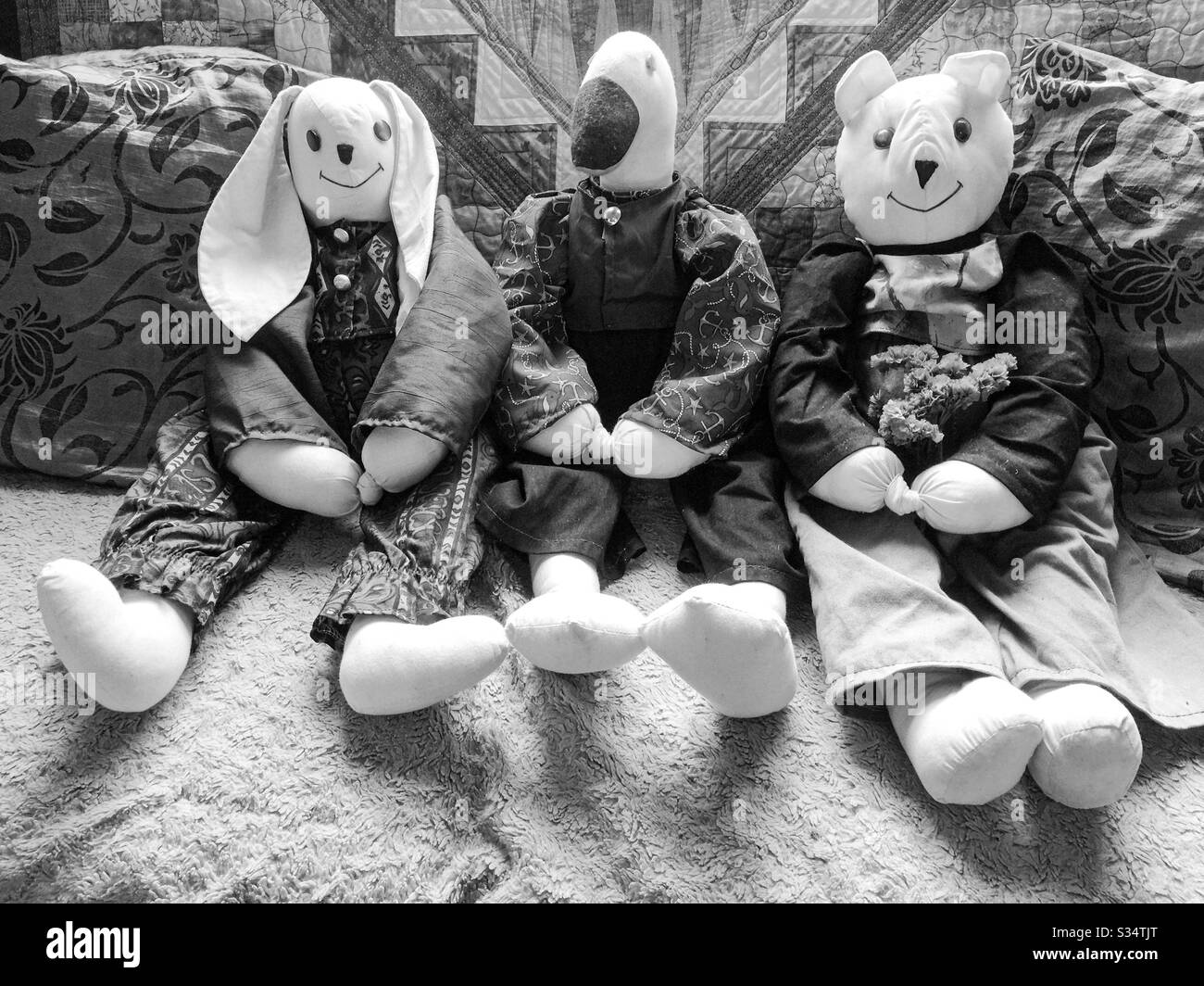 B & W 3 rag doll friends together Stock Photo Alamy
