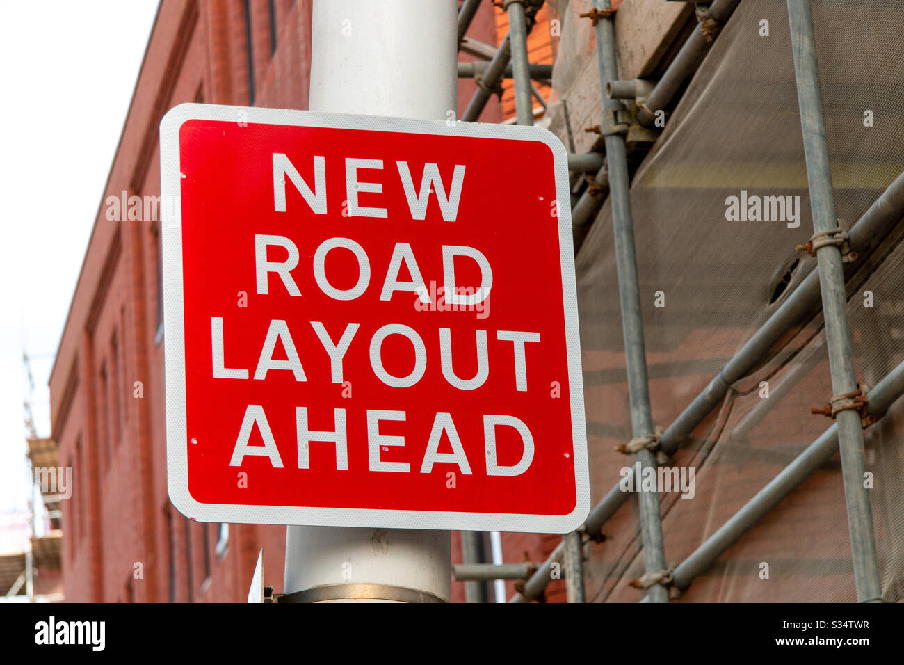New road layout ahead sign Stock Photo