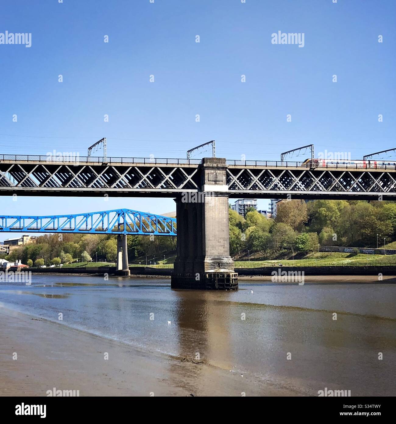 Architecture of Newcastle Quayside under a blue summer sky. Newcastle