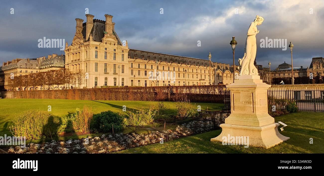 Le Louvre Museum seen from the Tuileries garden in Paris. January 2020 Stock Photo