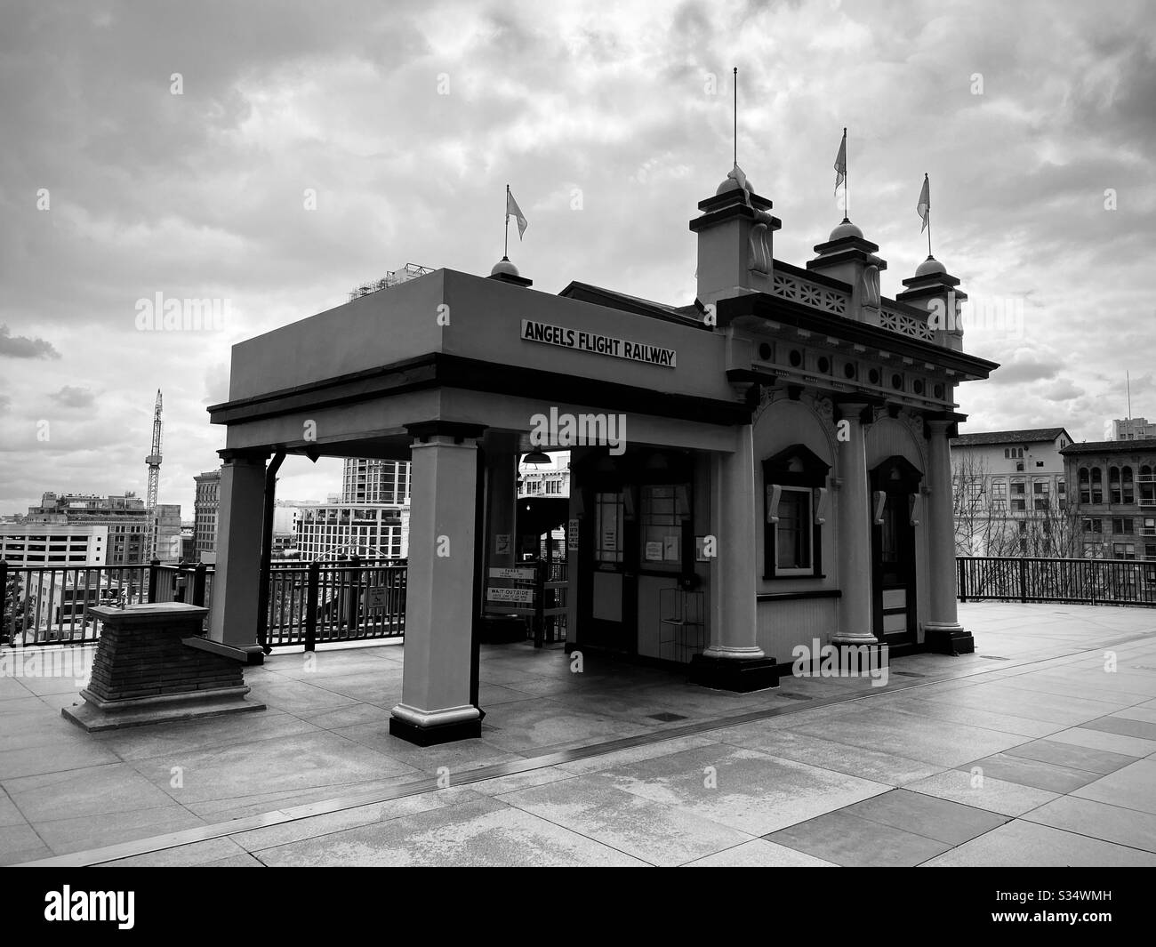 LOS ANGELES, CA, MAR 2020: station for Angels Flight, funicular railway, at California Plaza in Downtown on overcast day. Black and white - Smartphone Captured Stock Image
