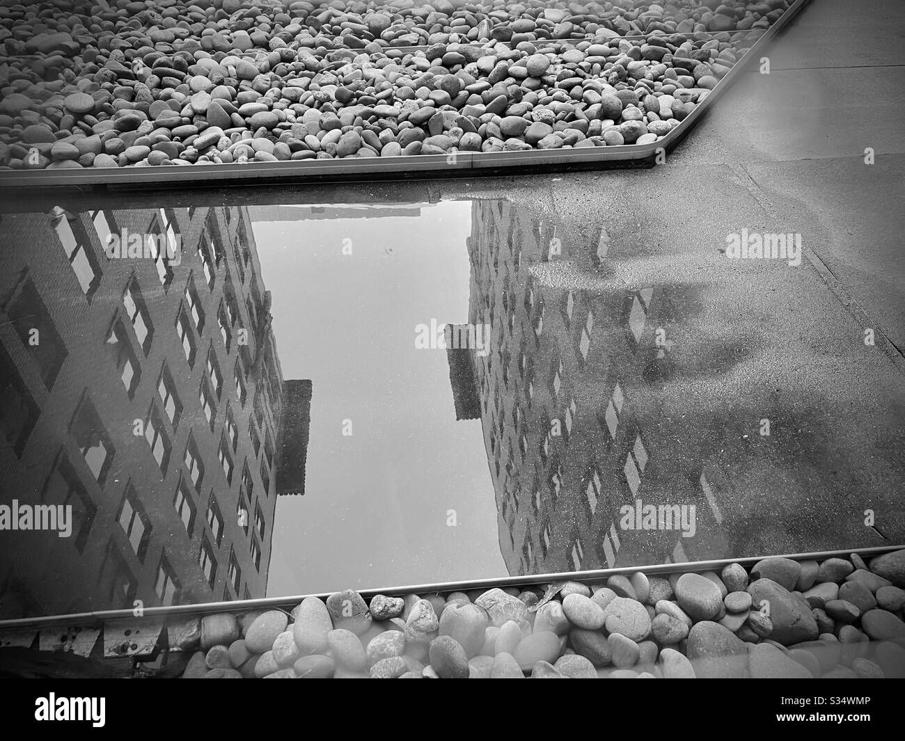LOS ANGELES, CA, MAR 2020: apartment buildings in historical building, reflected in puddle with pebbles around, after rain in Downtown. Black and white - Smartphone Captured Stock Image